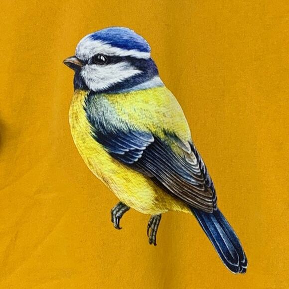 Upcycled Hand Printed Womens XL Yellow Blue Wild Bird Long Sleeve Sweatshirt - Picture 2 of 6